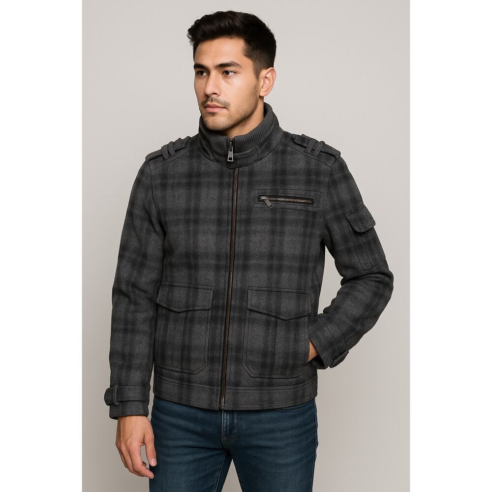 INC International Concepts Wool Blend Plaid Jacket Gray Zip Front Small Heavy